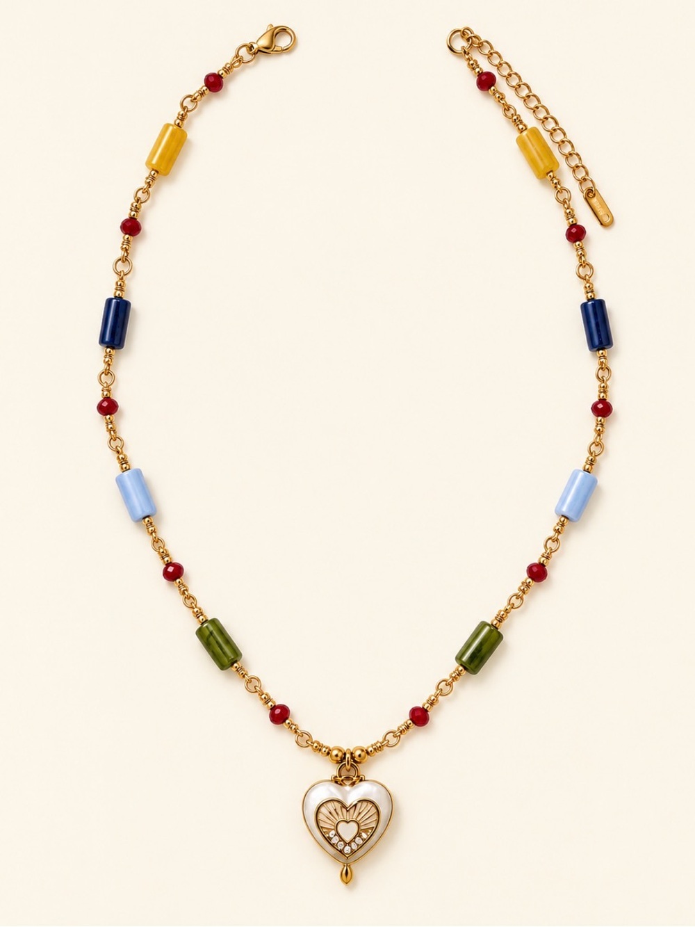 Gold Heart Pendant Necklace with Multicolor Beads